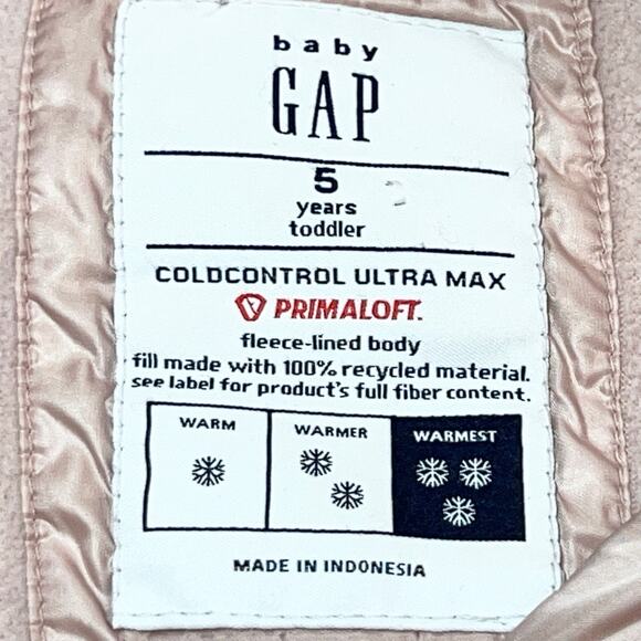 GAP Baby Puffer Jacket Girls Size 5T Pink Cold Control Ultra Max Primaloft Used - Picture 5 of 5